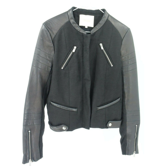 Maje Linen Blend Leather Zip Front Moto Jacket Womens 38 Black